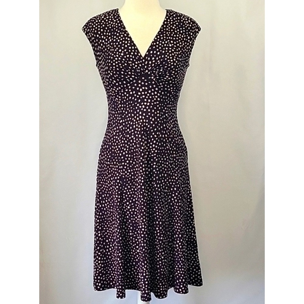 Chaps Brown Dot Print Fit & Flare Dress Size Large V-Neck Stretch - Picture 2 of 11